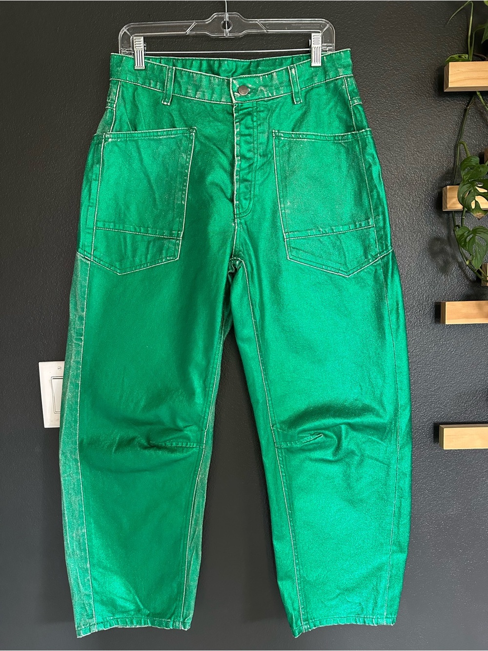 Free People Moxie Metallic Green Barrel Jeans Sample Factory Distressed NWOT 27